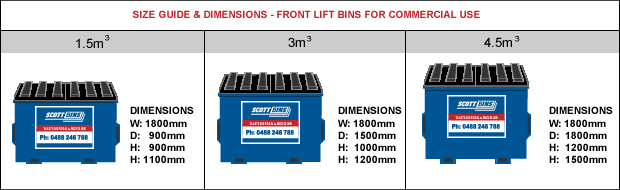 scottbins front lift bins with lids for permanent hire size guide and dimensions chart